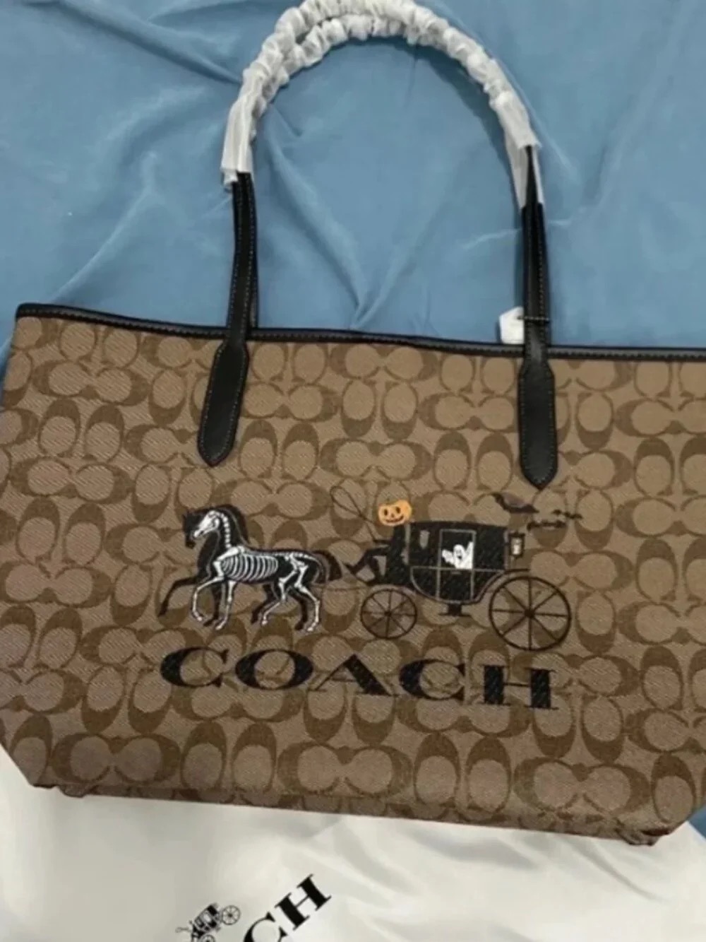 Coach Brown Signature Canvas Tote with Halloween Carriage Embroidery